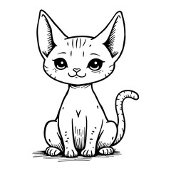 Fototapeta premium Cute Chibi Kawaii Sphynx Cat Sitting Front View Detailed Black and White Outline Line Art Drawing