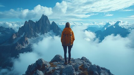 Female hiker conquering the dolomites, reaching the summit above the clouds