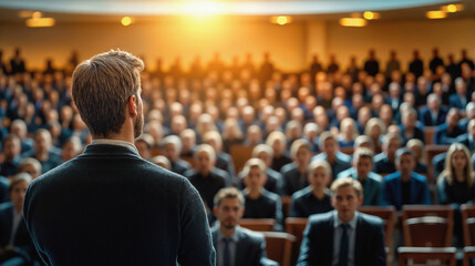 Man in dark suit faces large audience in illuminated auditorium. Corporate conference with hundreds of business professionals seated in theater style arrangement. Golden lighting highlights speaker