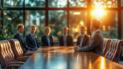 Business executive at wooden conference table facing team in sunlit boardroom. Professional meeting with leather chairs and golden light. Corporate interview or negotiation scene with formal attire