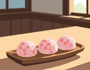 Pink Cherry Blossom Mochi, Minimalist Flat Illustration, Copyspace, Food Theme, Desktop Wallpaper