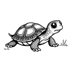 Fototapeta premium Cute Chibi Kawaii Turtle Standing on Grass Detailed Black and White Outline Line Art Drawing