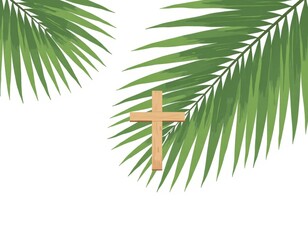 Fototapeta premium Minimalist Green Palm Fronds Fan Shape Cross Illustration, Daylight Flat Color Design, Copy Space for Text