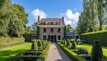 Fototapeta premium Large stone house with manicured gardens and pathways, showing a classic european estate, well-maintained landscaping, green lawn, and trimmed hedges
