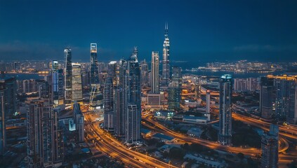 Obraz premium A sprawling urban landscape with winding roads and highways marked by streams of vehicle lights creating golden arteries through the city. 