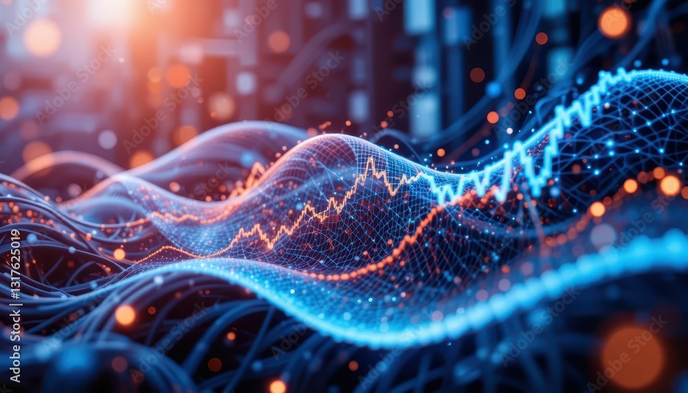Poster abstract data visualization with dynamic waves and sparkling light