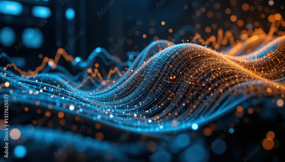 Poster vibrant abstract waves of data flow with glowing particles and lights