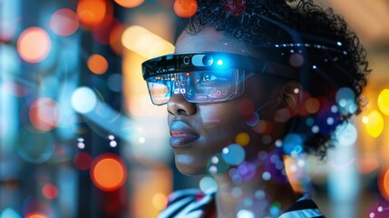 Business professional utilizing augmented reality glasses for financial data analysis and insights