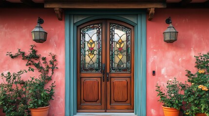 Obraz premium Quaint cottage door with leaded glass and hand-painted designs