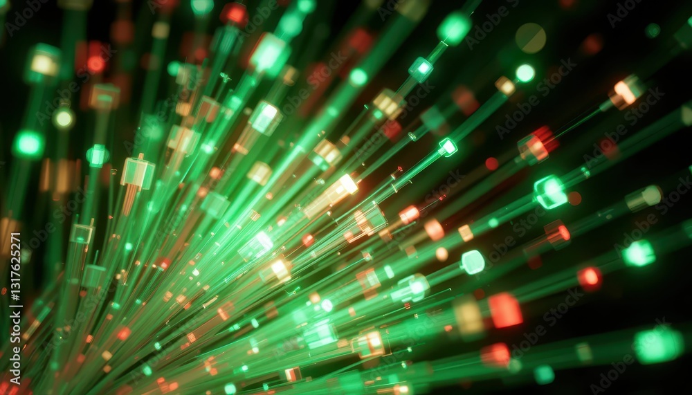 Poster abstract colorful light rays with green and red sparkles in background