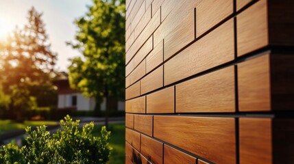 Rustic Brick Wall with Golden Sunlight: Warm and inviting, a close-up view of a brick wall made of natural wood planks, bathed in the golden glow of the late afternoon sun.