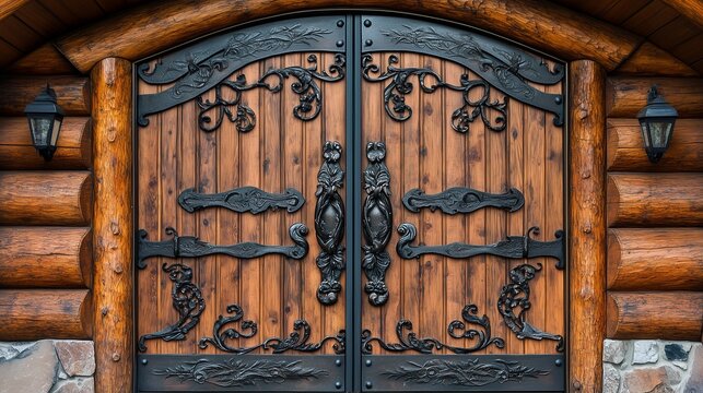 Rustic log cabin door with hand-carved designs and iron hinges