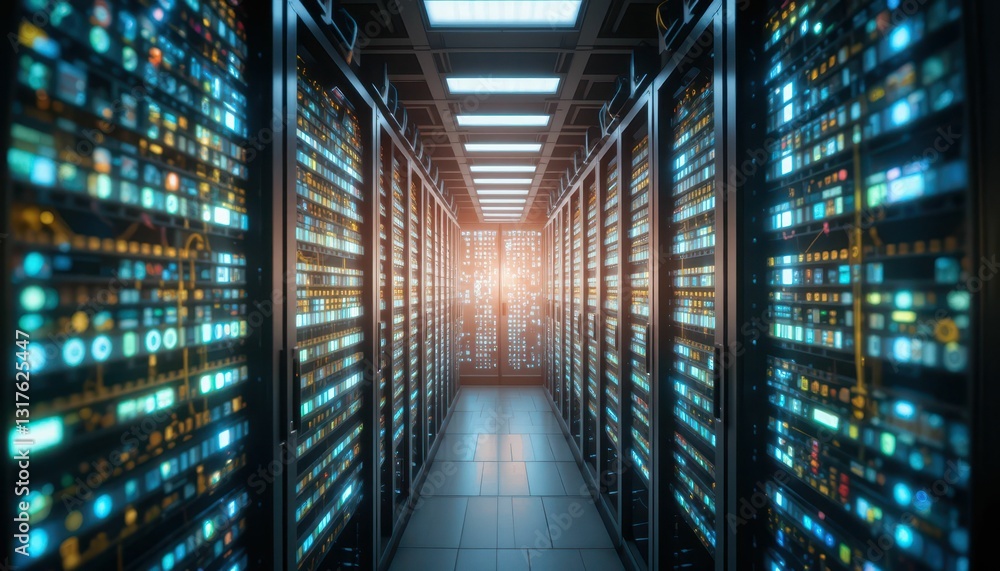 Poster futuristic data center corridor with illuminated server racks