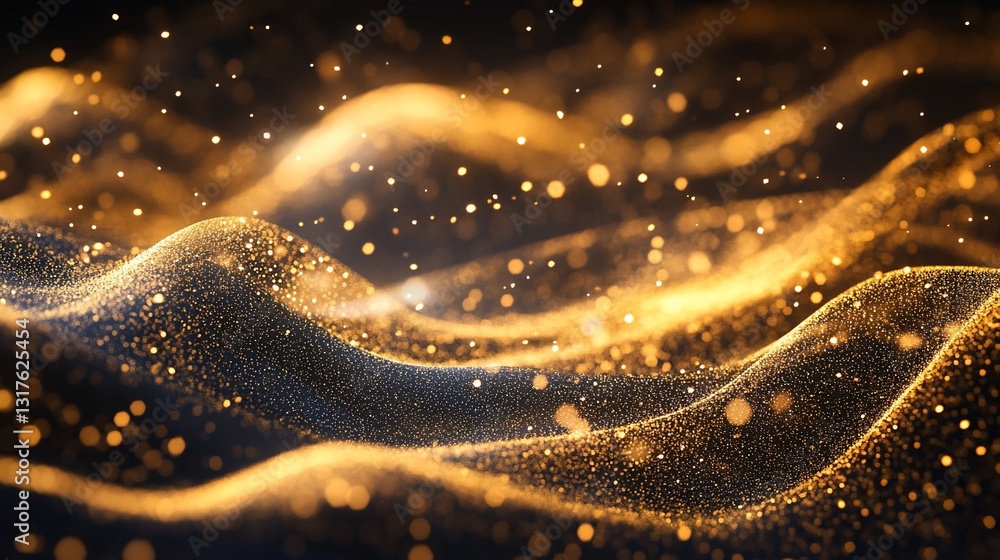 Poster golden particle waves abstract background: shimmering luxurious texture with glittering dust and spa