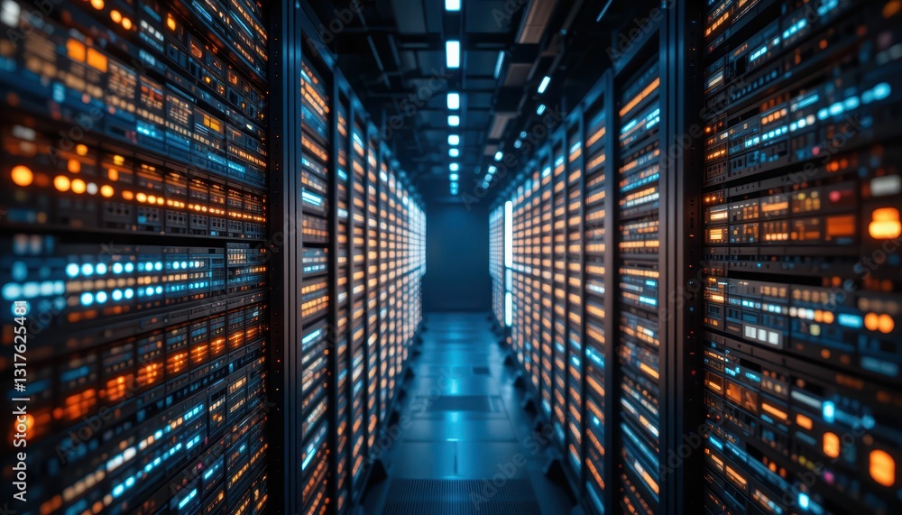 Poster futuristic data center with neon lights and rows of servers
