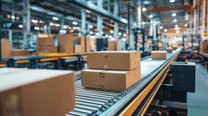 Fototapeta premium Cardboard sheets stacked on conveyor belt in modern factory. Automated machinery processes cardboard into boxes. Industrial equipment used for box production.