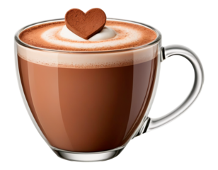Realistic glass cup of hot chocolate with a heart-shaped latte art on top, rich frothy cocoa texture and elegant transparent handle, isolated on transparent background - generated by ai