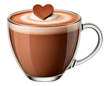 Realistic glass cup of hot chocolate with a heart-shaped latte art on top, rich frothy cocoa texture and elegant transparent handle, isolated on transparent background - generated by ai