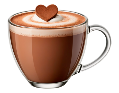 Realistic glass cup of hot chocolate with a heart-shaped latte art on top, rich frothy cocoa texture and elegant transparent handle, isolated on transparent background - generated by ai