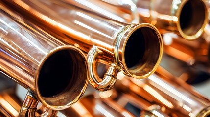 Naklejka premium Shiny copper pipes in distillery, close-up, industrial background, for alcohol production