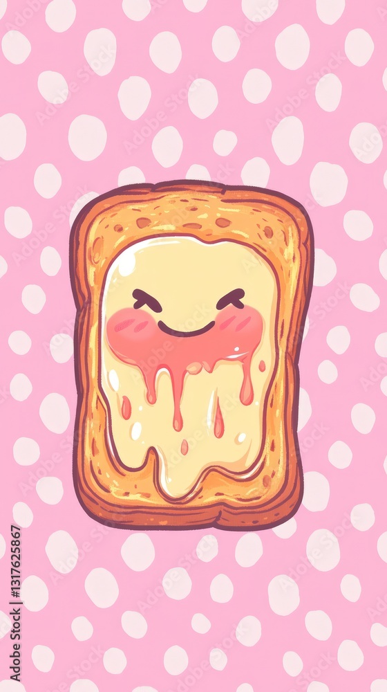 Poster a cheerful illustration of a happy slice of toast with melting butter and a cute smiling face agains
