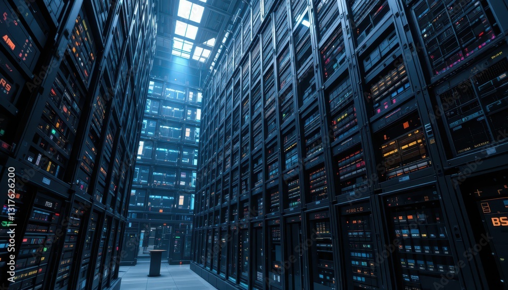 Poster vast data center interior with rows of server racks and lights