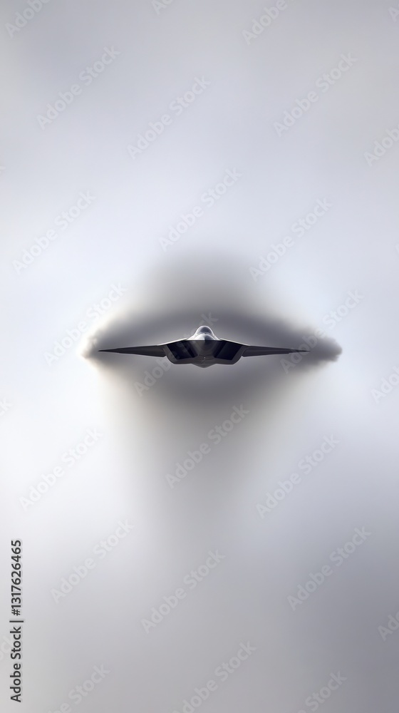 Poster high-angle shot of a jet aircraft emerging from thick white clouds creating vapor trails a display o