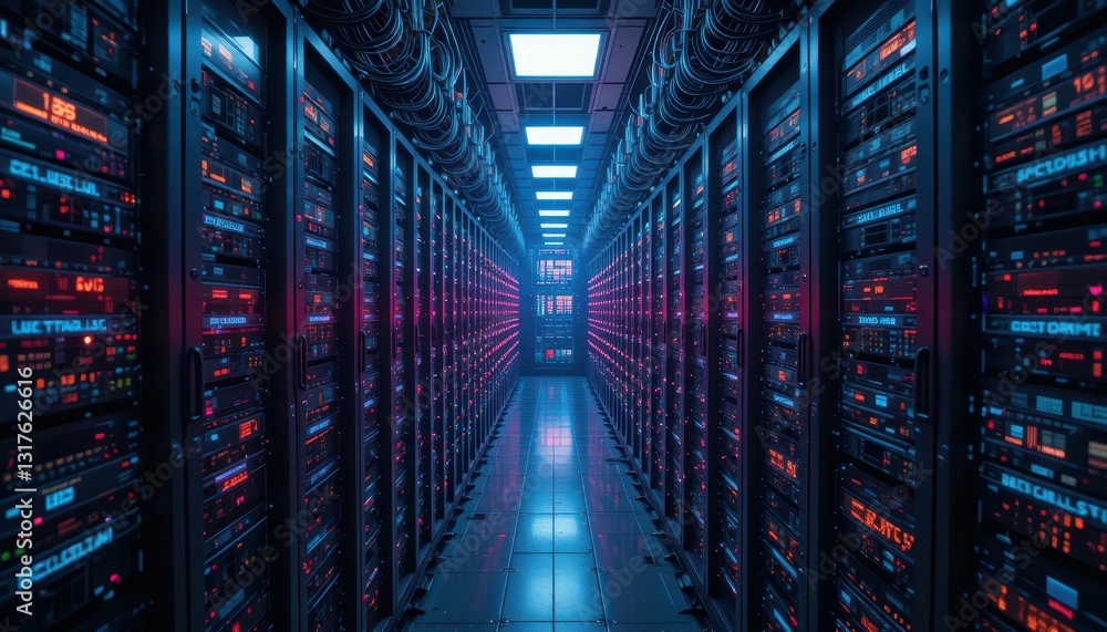 Poster modern data center with rows of server racks and led lights
