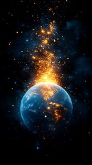 Obraz premium A glowing planet emerges surrounded by cosmic particles of light