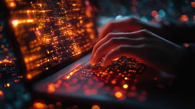 Fingers fly across glowing laptop keys.