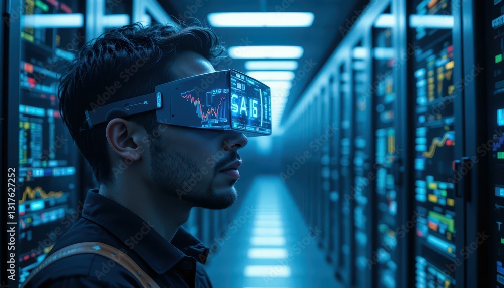 Aufkleber man in futuristic glasses exploring data in a digital server room