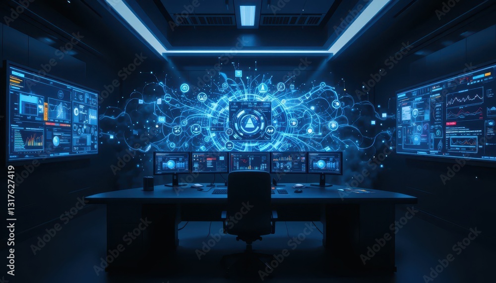 Poster futuristic control room with data visualization and digital interface