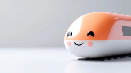 Cute cartoon train illustration, orange and white, smiling face, simple background.