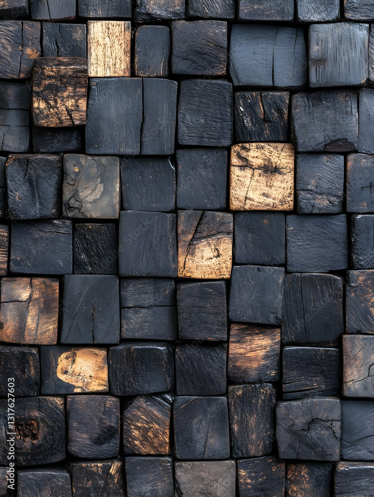 Poster dark square wooden blocks arranged in a grid pattern showing varied textures and shades of brown and