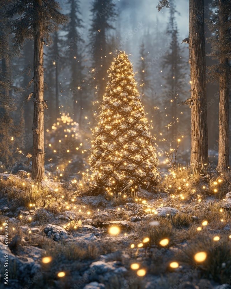 Aufkleber illuminated christmas tree in a snowy forest with bokeh lights and tall trees creating a magical atm