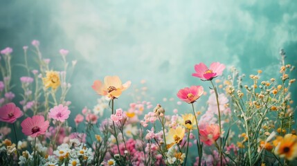 Fototapeta premium Vibrant wildflower meadow with a variety of colorful blooms against a soft, dreamy background
