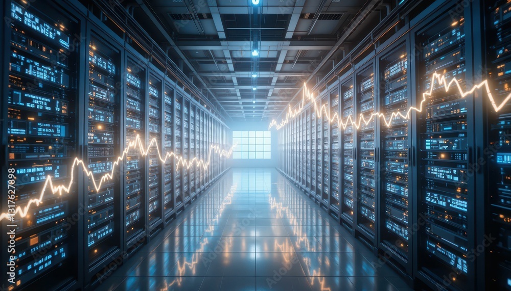 Poster futuristic data center with server racks and graph visualization