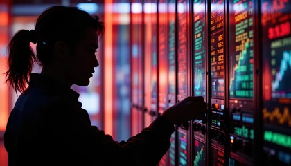 Obraz premium Silhouette of Trader Analyzing Stock Market Data in Neon Environment