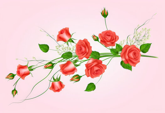 Zarte Rosenbl&uuml;ten mit Knospen und gr&uuml;nen Bl&auml;ttern auf rosa Hintergrund. Romantisch und elegant, ideal als Kartenmotiv oder Dekoration. Generative KI.