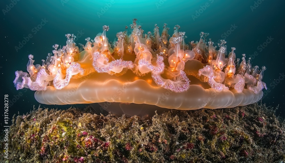 Aufkleber underwater view of jellyfish with a crown-like structure illuminated with soft lights and resting on