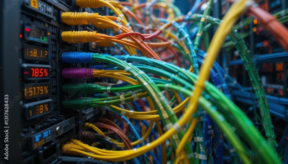 Poster colorful network cables connected to data server in server room