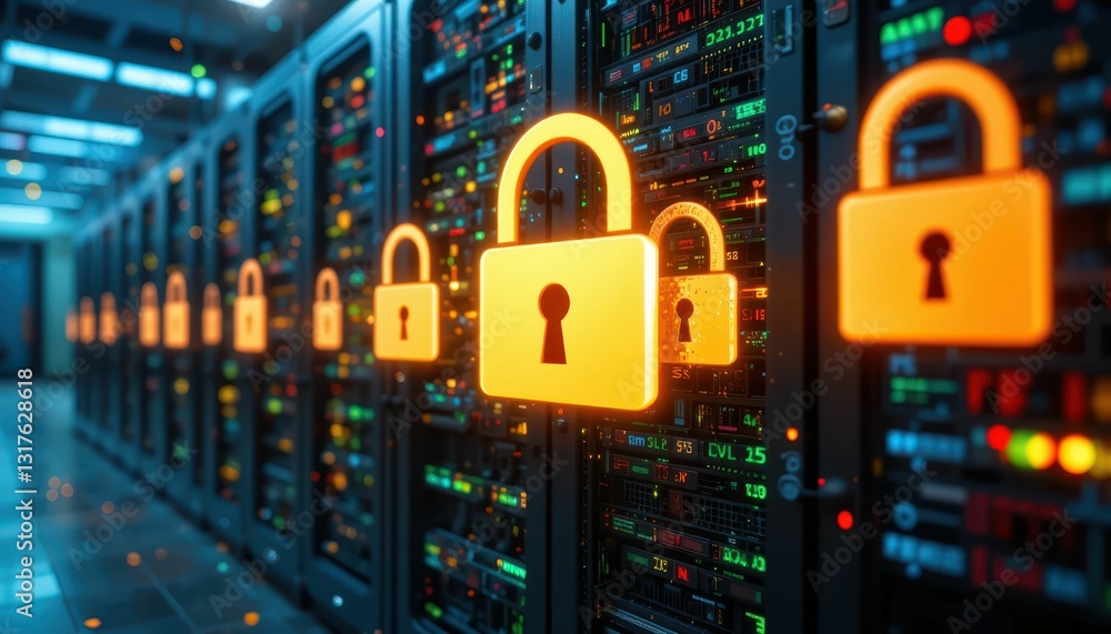 Poster digital security concept with lock symbols on server racks