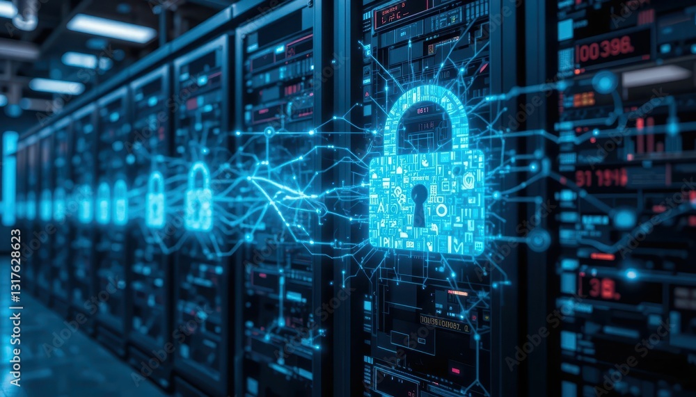 Poster digital security concept with lock icon and servers in background