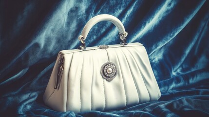 A classic white leather purse resting on a velvet fabric backdrop with gentle folds and soft lighting