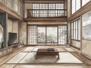 A detailed watercolor illustration depicting a minimalist interior scene