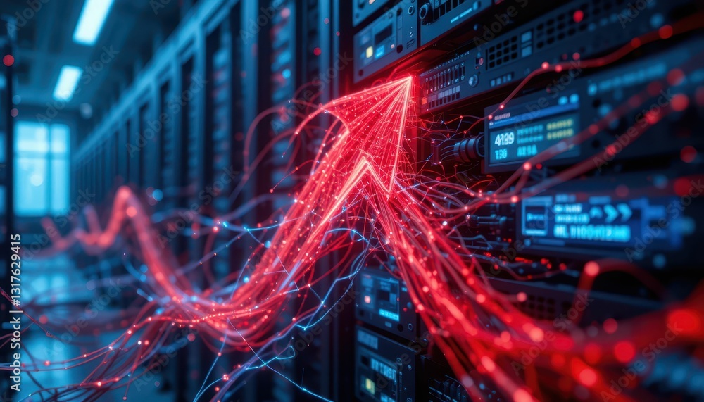Poster red arrow representation in data centers with network connections