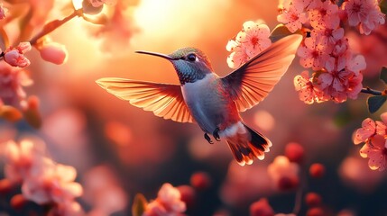 Hummingbird flying near pink flowers at sunset