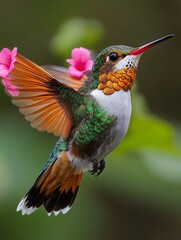 Colorful hummingbird hovering near pink flower in tropical forest