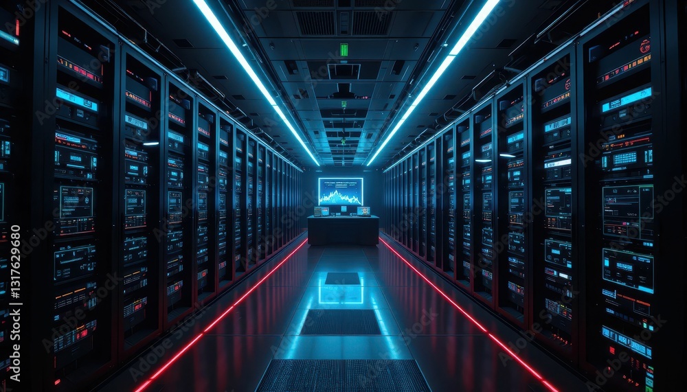 Poster futuristic server room with neon lights and digital interface display