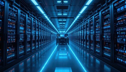 Obraz premium Futuristic Server Room with Blue LED Lights and High-Tech Equipment